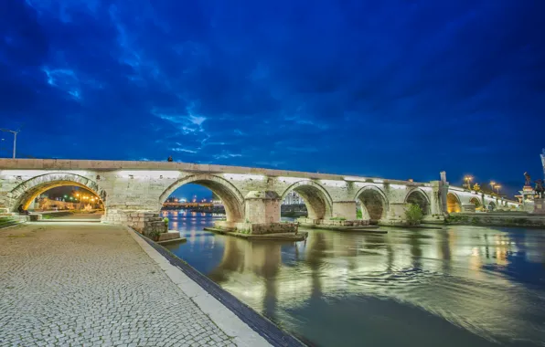 The sky, night, bridge, lights, river, Macedonia, Skopje