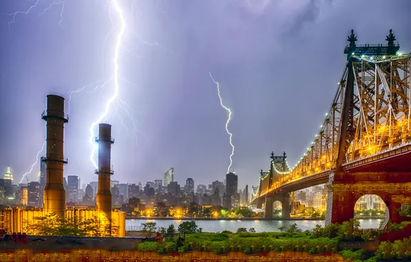 Picture the storm, night, lights, lightning, New York, USA