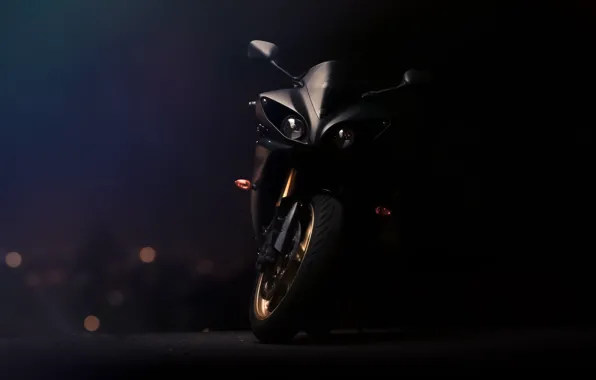 Black, lights, motorcycle, Supersport, black, front view, yamaha, bike