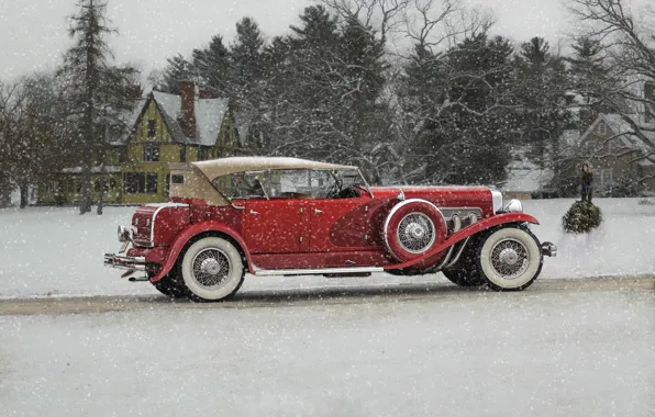 Winter, snow, retro, classic, Duesenberg, 1932 Duesenberg Model J Phaeton