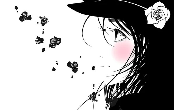 Eyes, look, girl, face, smile, roses, anime, blush