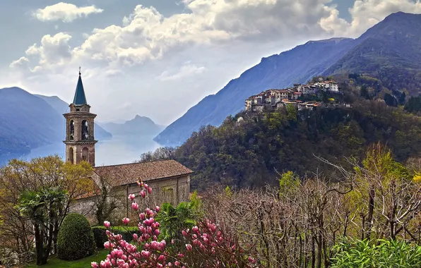 Flowers, mountains, lake, spring, Italy, Church, Lombardy