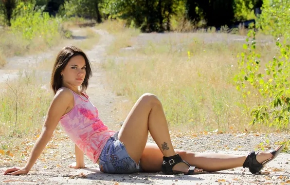 Road, forest, girl, skirt, sitting