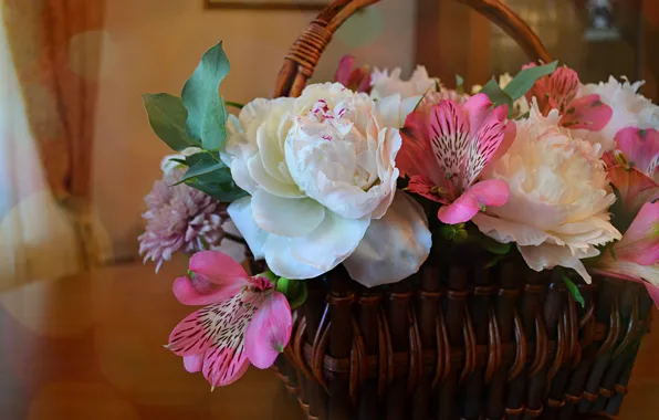 Leaves, flowers, table, holiday, basket, Lily, bouquet, chrysanthemum