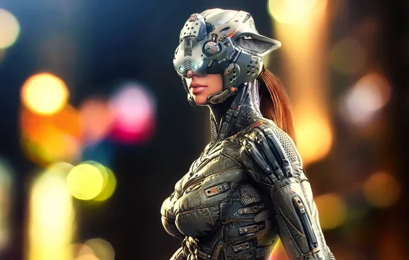 Future, technology, future, helmet, cyborg, equipment, blurred background, cyborg