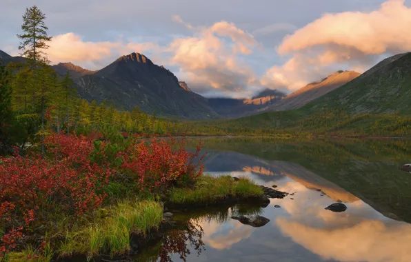 Picture autumn, forest, clouds, mountains, reflection, hills