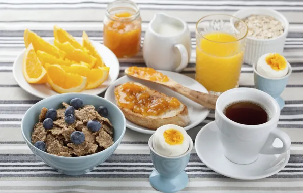 Picture egg, coffee, orange, Breakfast, milk, juice, jam, cereal