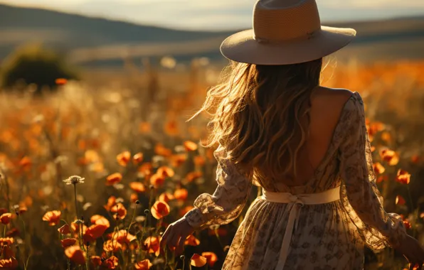Field, summer, girl, the sun, light, flowers, nature, Maki