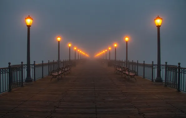 Fog, pier, lights
