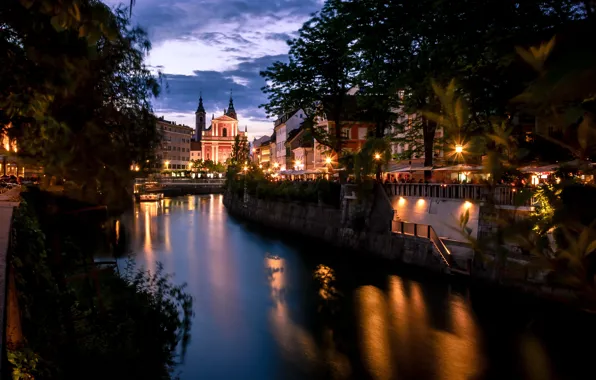 Picture the city, river, building, home, the evening, lighting, Church, Slovenia