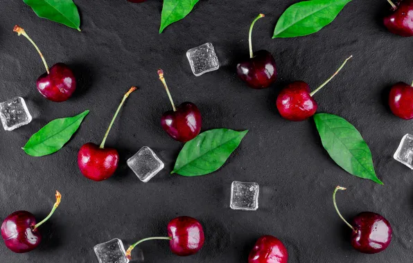 Picture ice, cherry, background, leaves, ripe
