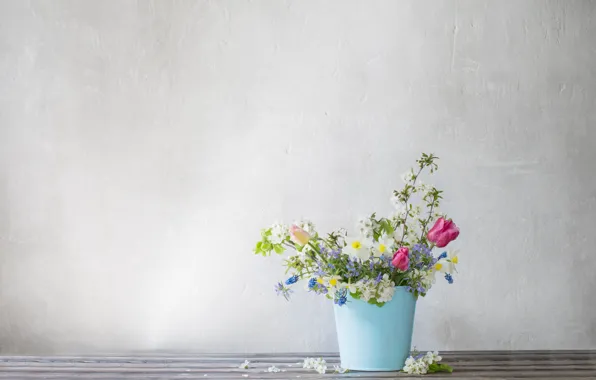 Flowers, blue, bucket, spring, Maya Kruchenkova