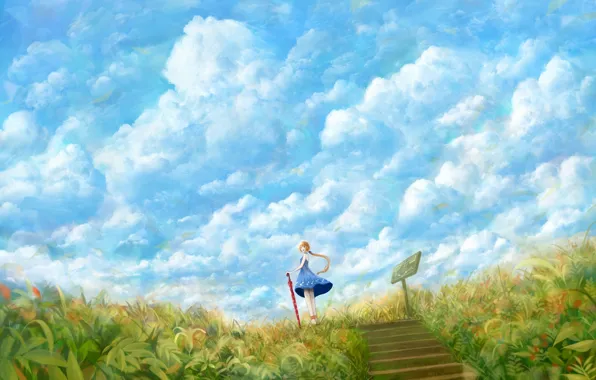 Field, the sky, grass, girl, clouds, umbrella, the wind, plate
