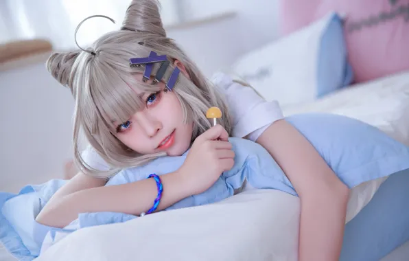 Asian, Model, Bed, pretty, Woman, Pillow, Lollipop, Cosplay
