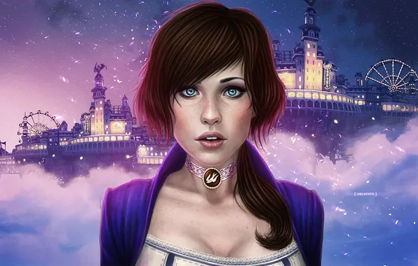 Picture the sky, girl, night, the city, the game, blue eyes, art, fan art