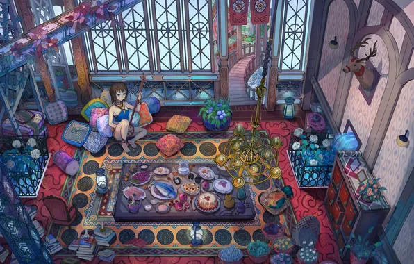 Girl, flowers, table, room, pattern, lamp, food, interior