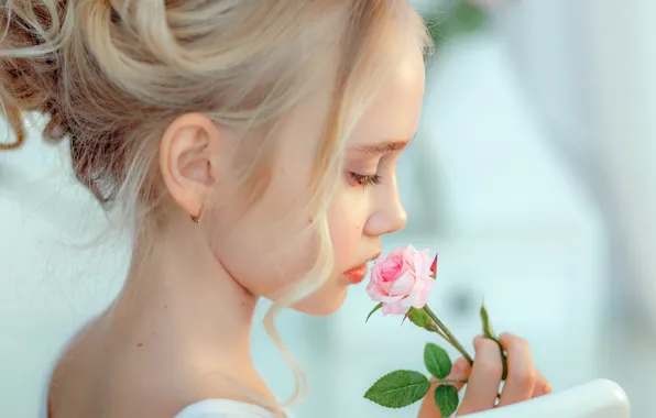 Picture flower, background, mood, portrait, girl, profile, curls, rosette