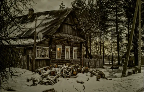 Snow, house, treatment, village, wood, twilight