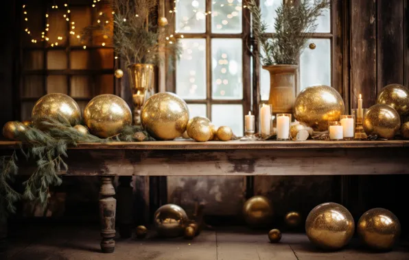 Balls, gold, Board, Christmas, New year, gold plated, gold, Christmas decorations