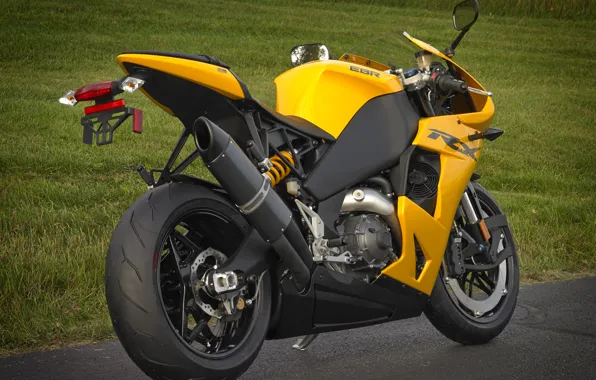 Yellow, motorcycle, rear view, bike, yellow, EBR, 1198rx, the DLR