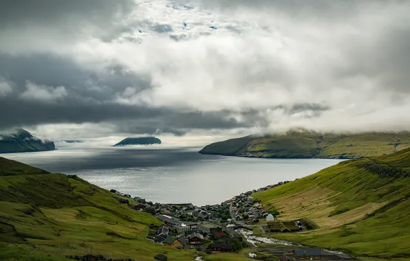Sea, field, the sky, clouds, mountains, clouds, overcast, hills
