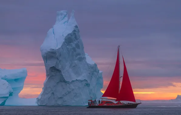 Picture sea, landscape, boat, sailboat, morning, iceberg, scarlet sails, Greenland