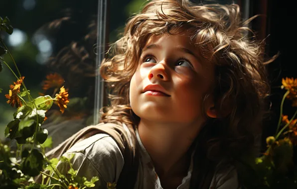 Look, light, flowers, child, portrait, boy, curls, looking up