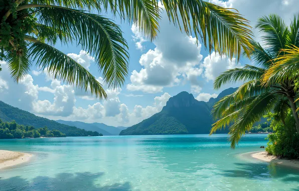 Sea, beach, the sky, clouds, mountains, tropics, blue, palm trees