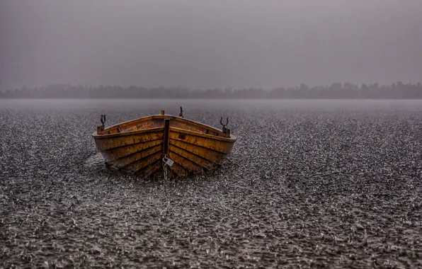 Lake, rain, boat