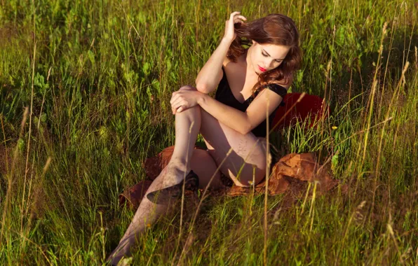 Field, ass, grass, model, brunette, Diana, tights