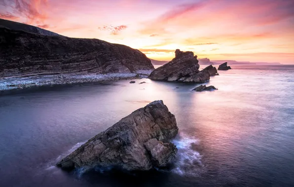 Sea, sunset, nature, rocks, shore