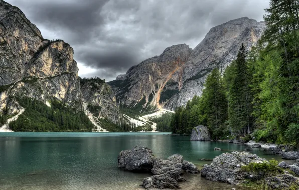 Picture forest, grass, landscape, mountains, nature, lake, stones, rocks