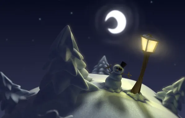 Snow, the moon, tree, lantern, snowman