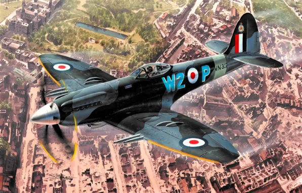 Picture war, art, airplane, painting, ww2, british fighter, Supermarine Spitfire Mk.24, griffon engine
