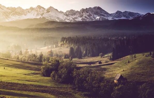 Mountains, morning, fog, sunrise, dawn, village, valley, countryside