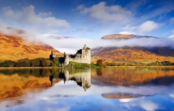 Picture clouds, mountains, reflection, Scotland, Kilchurn castle, Argyll & Bute, lake Ave