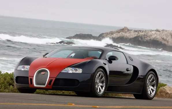 Sea, asphalt, rocks, tuning, Bugatti Veyron, tuning, Bugatti Veyron