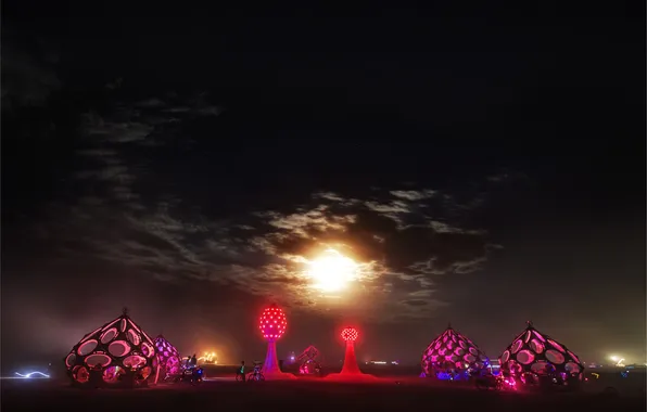 Clouds, night, lights, people, the moon, art, USA, Nevada