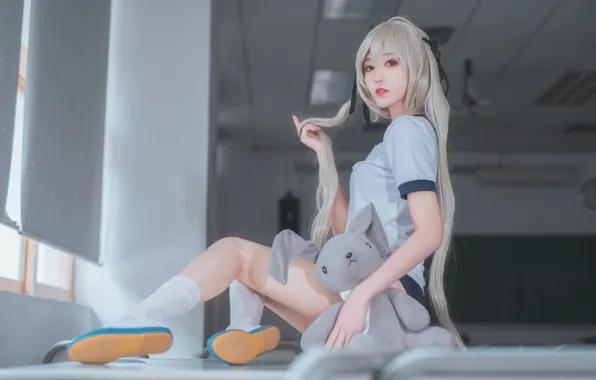 Beautiful, Asian, Model, Woman, Desk, Pretty, White Hair, Uniform