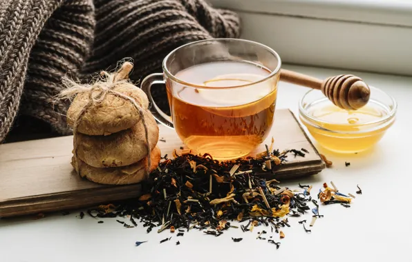 Tea, cookies, Cup, honey, thread, welding, cakes, knitting