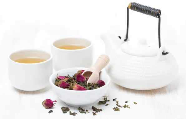 White, tea, roses, kettle, Cup, drink