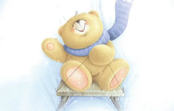 Winter, joy, smile, mood, art, slide, bear, scarf