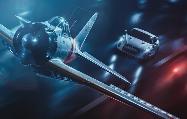 The plane, Fighter, GTR, Japan, Nissan, Car, Speed, Night