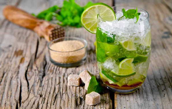 Ice, cubes, glass, cocktail, sugar, lime, drink, mint