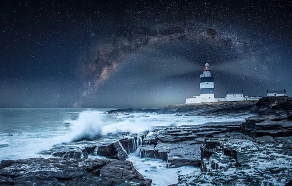 The sky, stars, storm, the ocean, shore, lighthouse, the milky way, Ireland