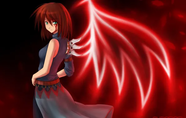 Leaves, girl, blood, wings, anime, art, atomix