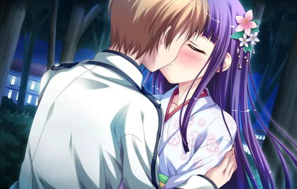 Night, Park, kiss, blush, kimono, two, date, art