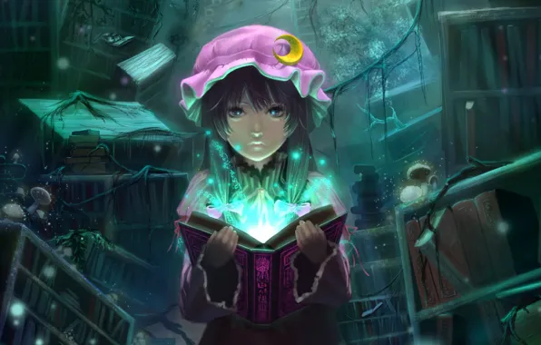 Night, lights, magic, books, library, witchcraft, cap, art