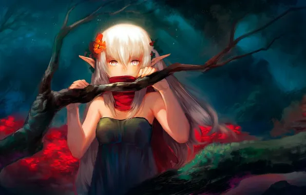 Forest, girl, trees, flowers, nature, branch, elf, anime