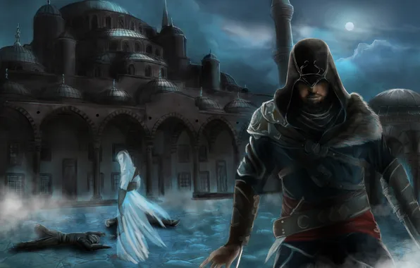Picture night, the city, mosque, Assassins Creed, Altair, Revelations, Ezio, constantinople